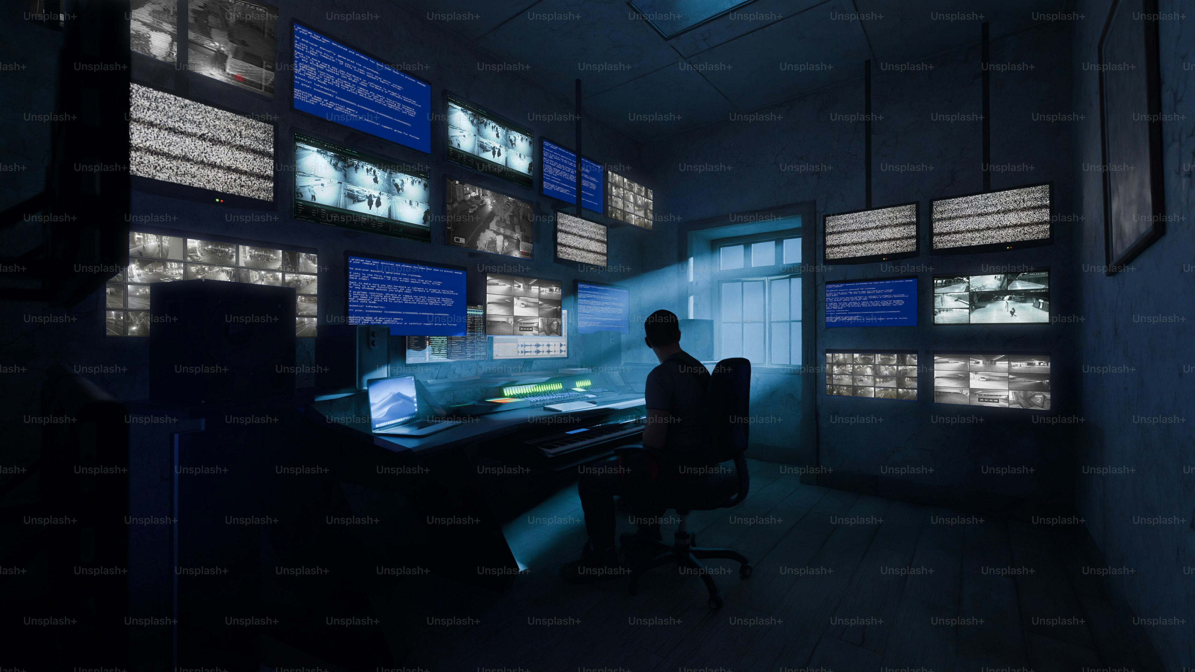 A man monitors security cameras in a control room.